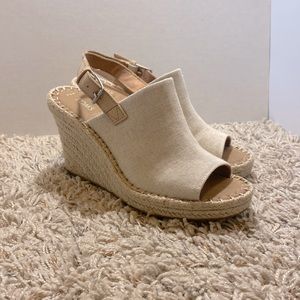Toms Monica Canvas Leather Slingback Espadrille Wedge Sandals Size 8.5